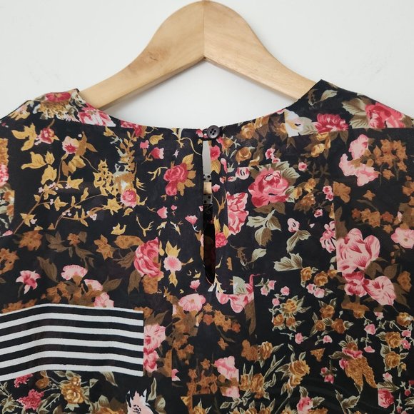Vintage 90s Notations Black Floral Blouse Semi Sheer Stripes Short Sleeve Medium - Picture 9 of 16